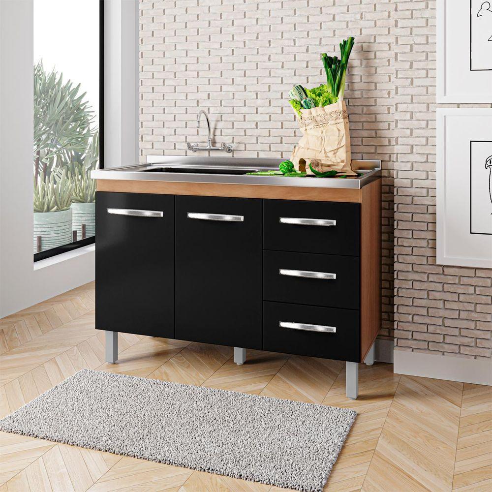 Balcão Para Pia De Cozinha Bianca Com 2 Portas E 3 Gavetas Cor Preta Moblis - 3