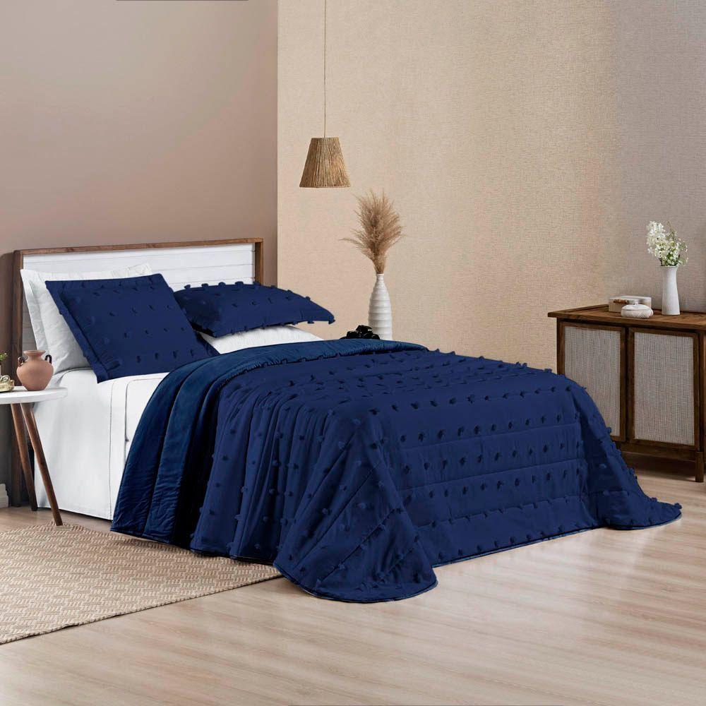Kit Cobre Leito Colcha Sofist Padrão 3 Peças Micropercal 300 Fios Azul Marinho - 4
