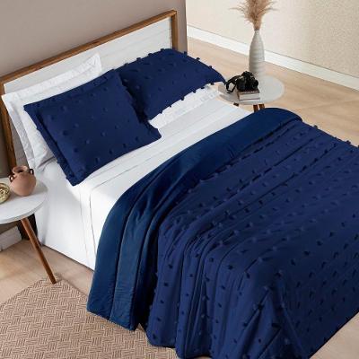 Kit Cobre Leito Colcha Sofist Queen 3 Peças Micropercal 300 Fios Azul Marinho