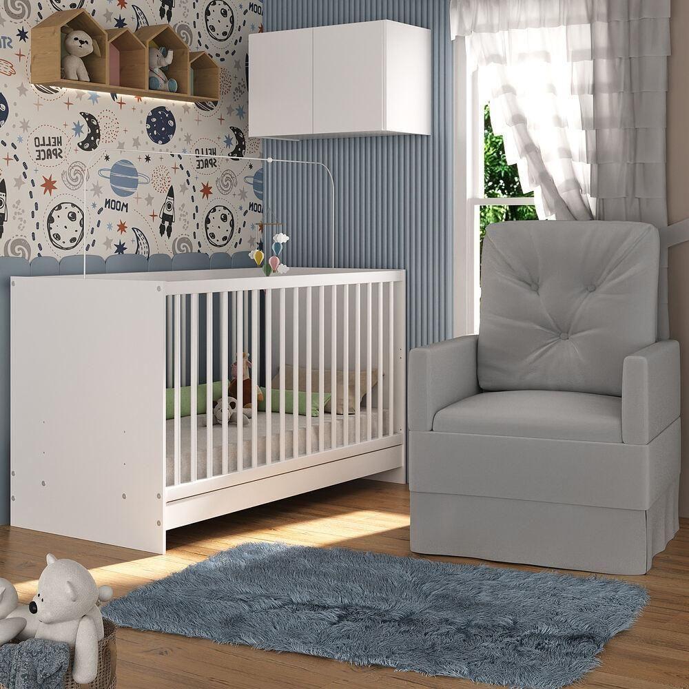 Berço 3 Em 1 Com Colchão Poltrona e Armário Aéreo 2 Portas Mp4156 Branco-cinza - 3