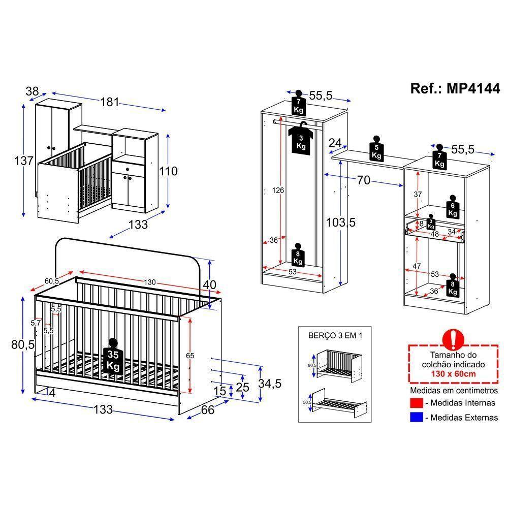 Berço 3 Em 1 e Guarda-roupas 4 Portas 1 Gaveta Mp4144 Branco - 4