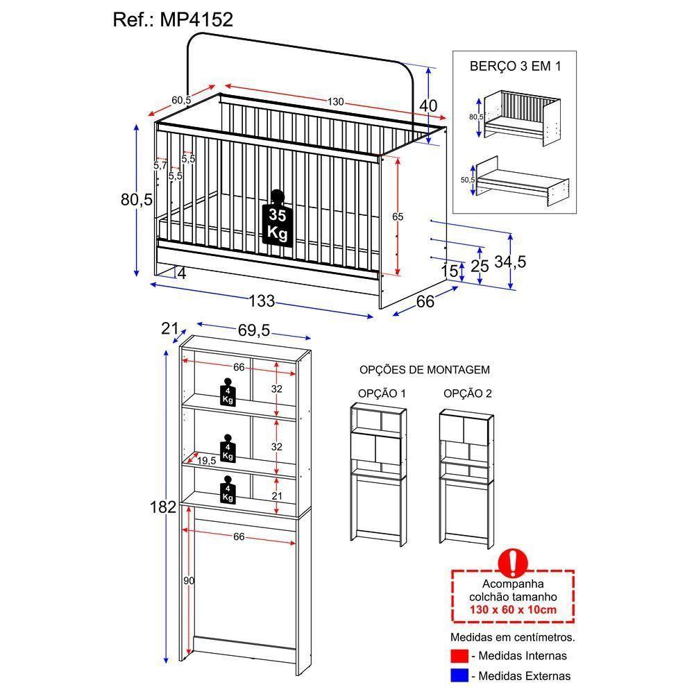 Berço 3 Em 1 Com Colchão e Armário 2 Portas Mp4152 Branco - 4
