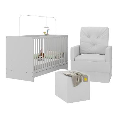Berço Multifuncional Mp4142 3 em 1 em MDP Branco sem Colchão com Poltrona Amamentação e Puff