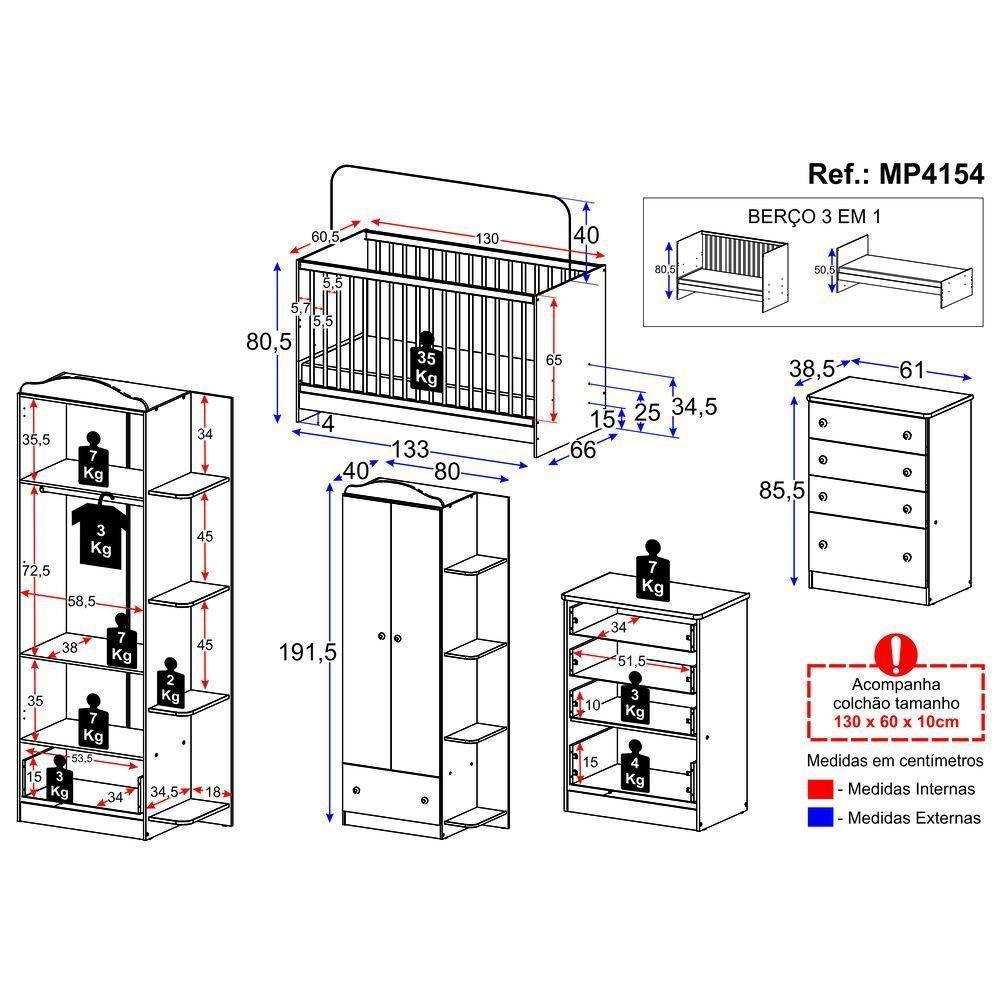 Quarto De Bebê Completo Com Berço 3 Em 1 Com Colchão Mp4154 Branco - 3