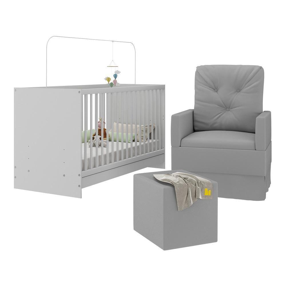 Berço 3 Em 1 Com Colchão Poltrona Amamentação e Puff Mp4151 Branco-cinza - 1