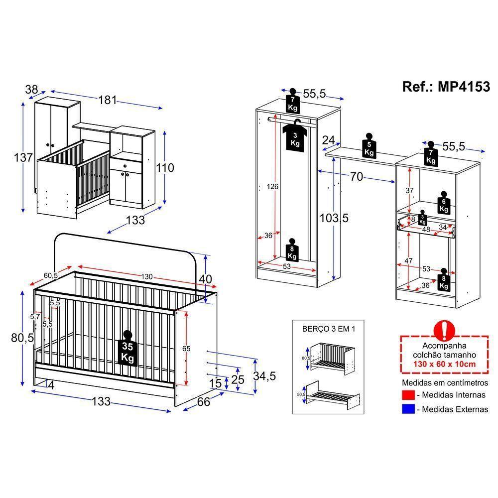 Berço 3 Em 1 Com Colchão e Guarda-roupas 4 Portas 1 Gaveta Mp4153 Branco - 3