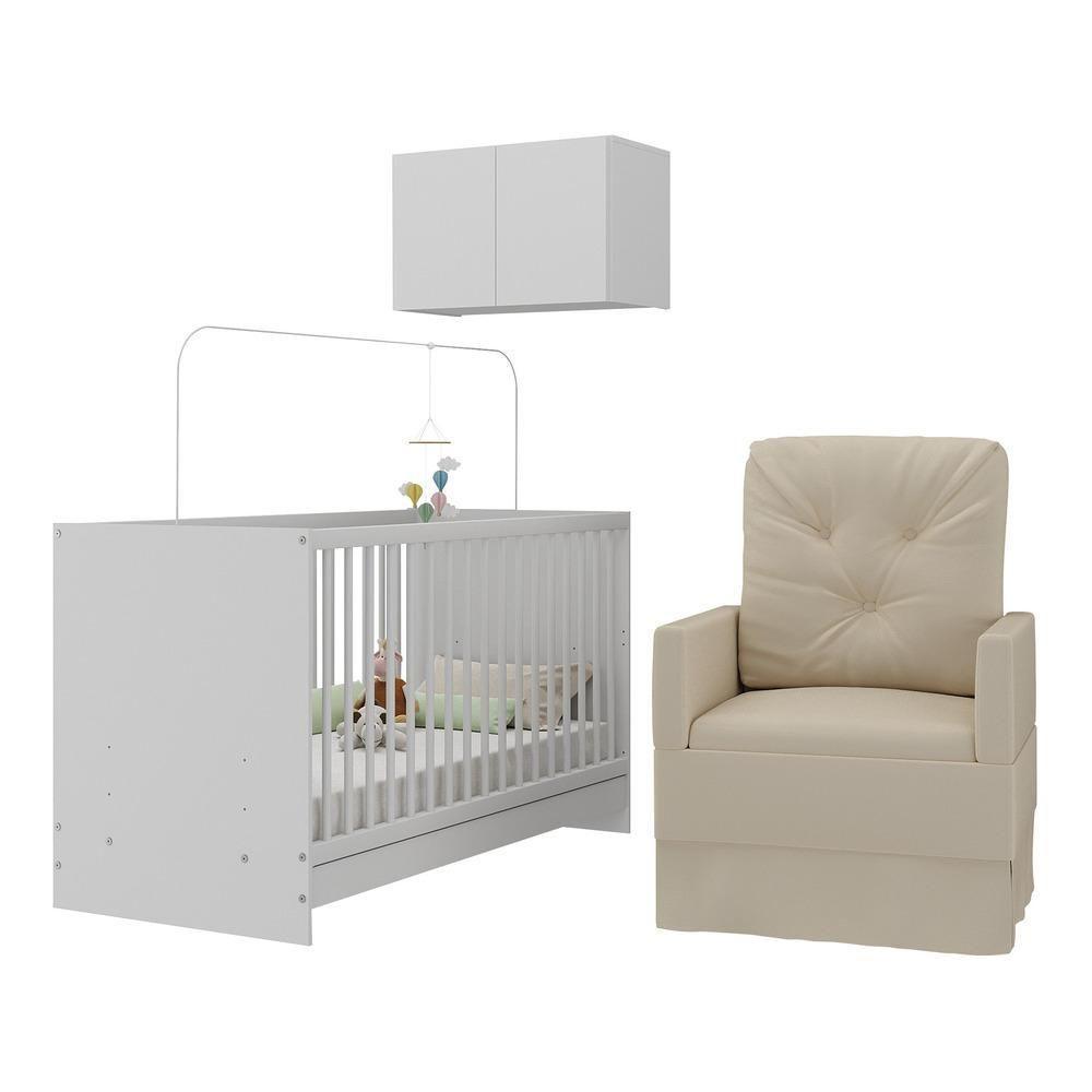 Berço 3 Em 1 Com Colchão Poltrona e Armário Aéreo 2 Portas Mp4156 Branco-bege - 1