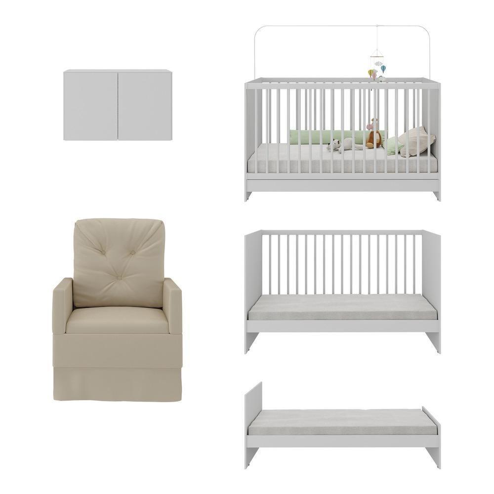 Berço 3 Em 1 Com Colchão Poltrona e Armário Aéreo 2 Portas Mp4156 Branco-bege - 3
