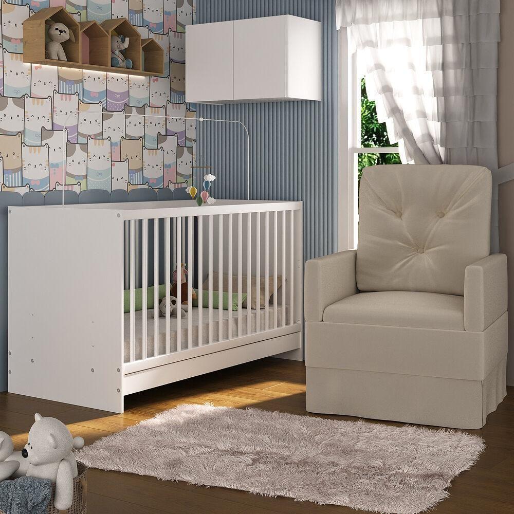 Berço 3 Em 1 Com Colchão Poltrona e Armário Aéreo 2 Portas Mp4156 Branco-bege - 5