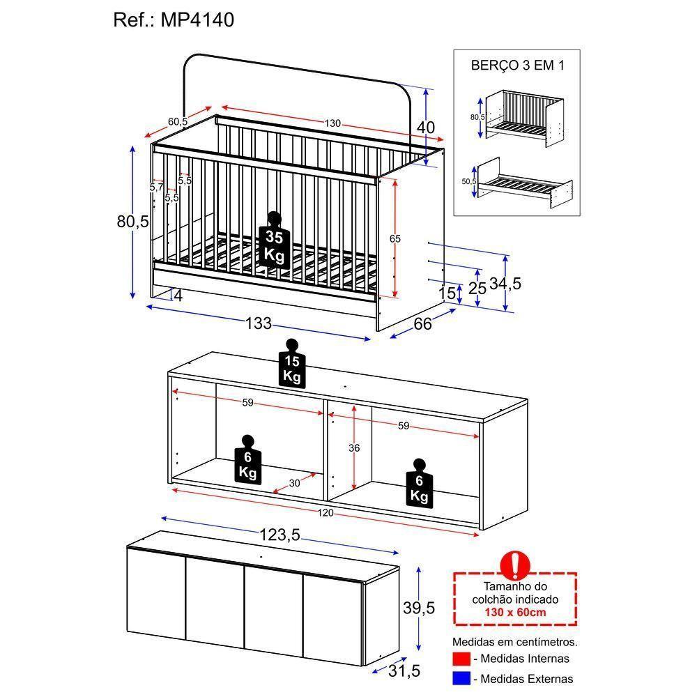 Berço 3 Em 1 Com Armário Aéreo 4 Portas Mp4140 Branco-rustic Branco-rustic - 5
