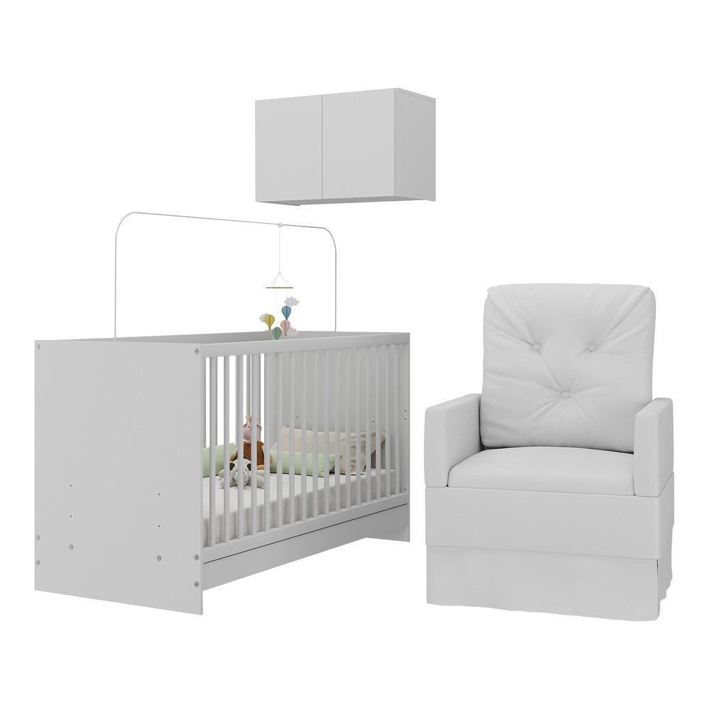 Berço 3 Em 1 Com Colchão Poltrona e Armário Aéreo 2 Portas Mp4156 Branco - 1