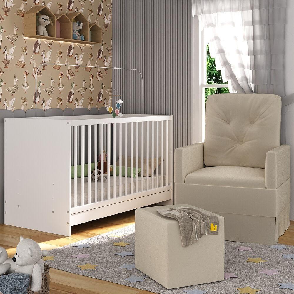 Berço 3 Em 1 Com Colchão Poltrona Amamentação e Puff Mp4151 Branco-bege - 2
