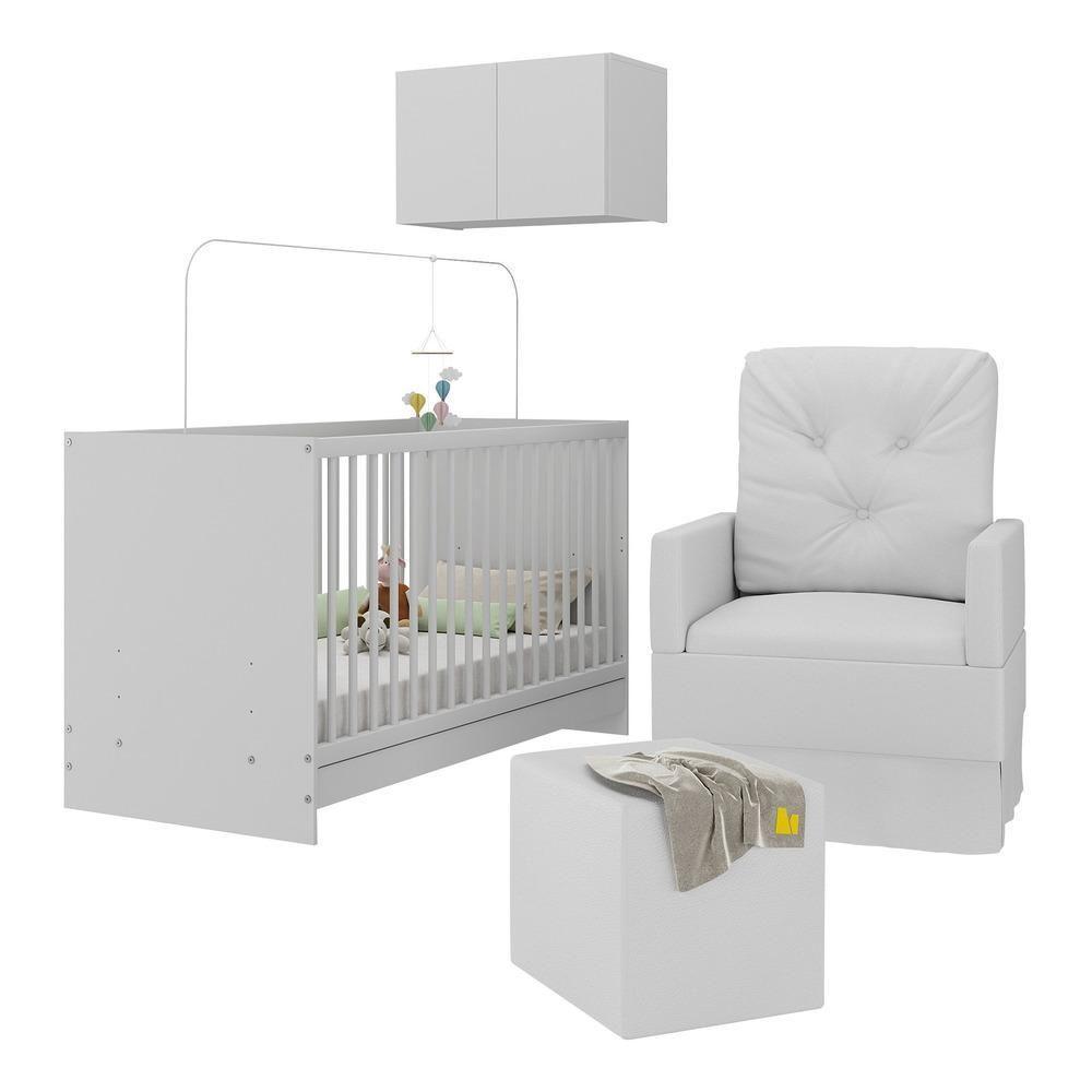 Berço 3 Em 1 Com Colchão Poltrona Puff e Armário Aéreo 2 Portas Mp4157 Branco - 1