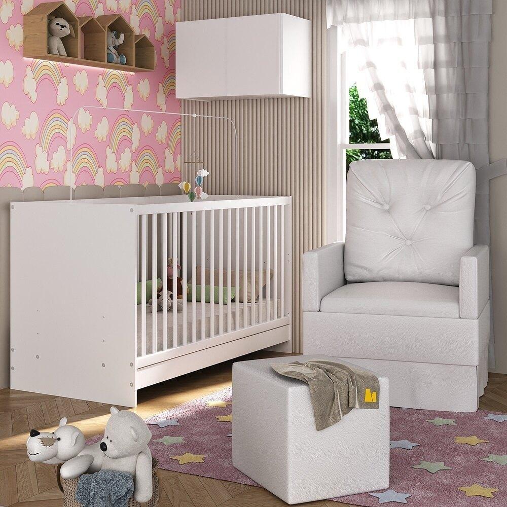 Berço 3 Em 1 Com Colchão Poltrona Puff e Armário Aéreo 2 Portas Mp4157 Branco - 2