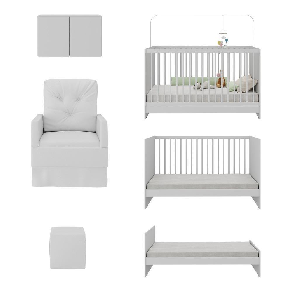 Berço 3 Em 1 Com Colchão Poltrona Puff e Armário Aéreo 2 Portas Mp4157 Branco - 3