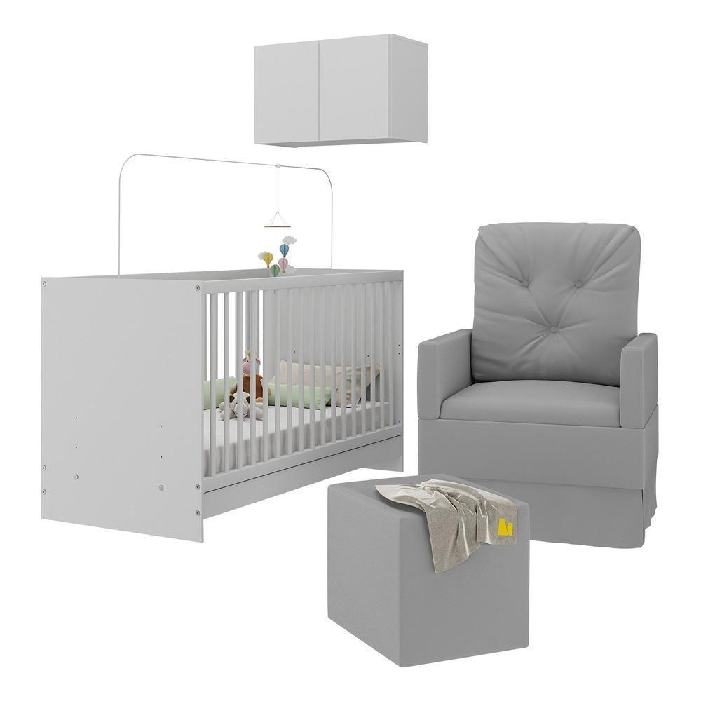 Berço 3 Em 1 Com Colchão Poltrona Puff e Armário Aéreo 2 Portas Mp4157 Branco-cinza - 1