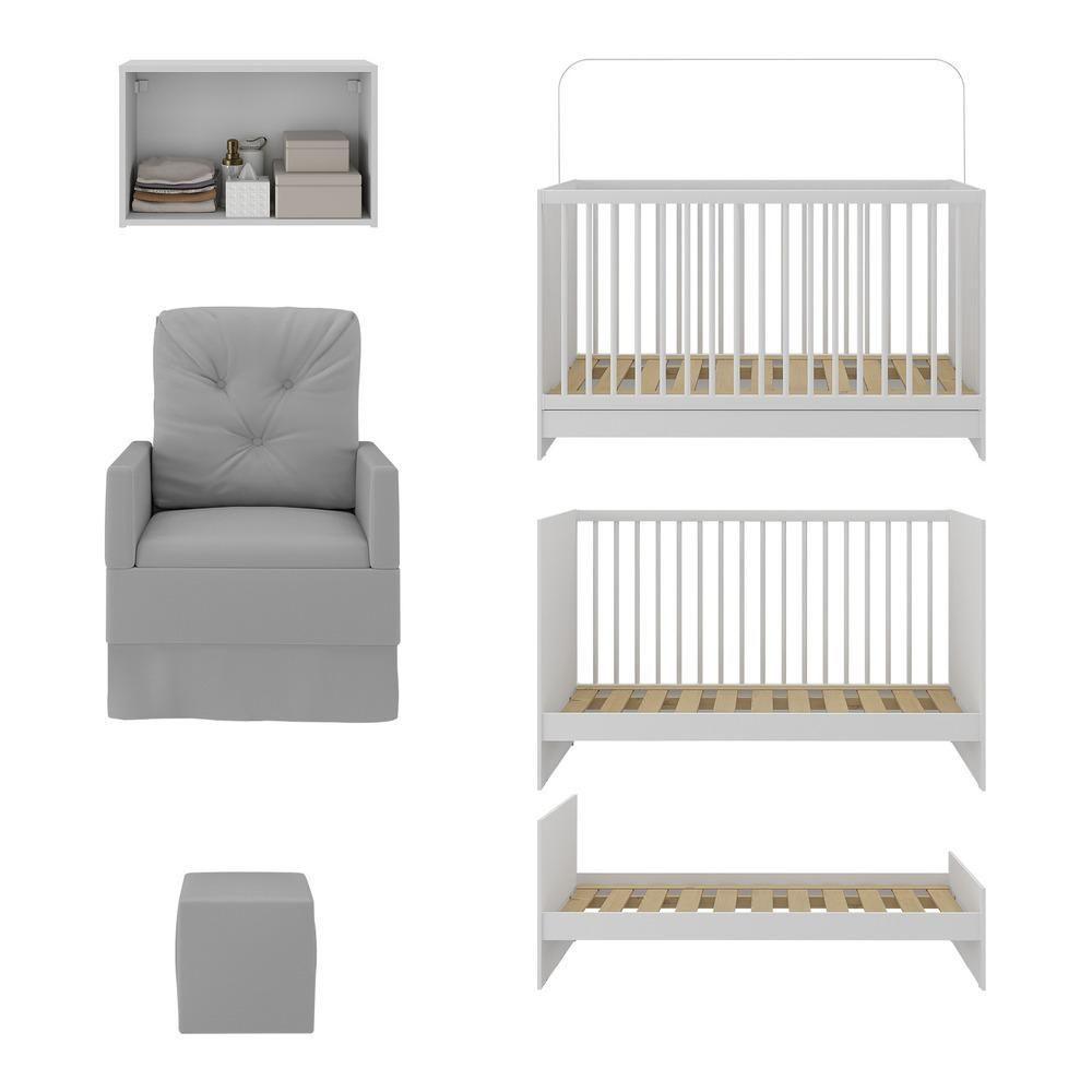 Berço 3 Em 1 Com Colchão Poltrona Puff e Armário Aéreo 2 Portas Mp4157 Branco-cinza - 3