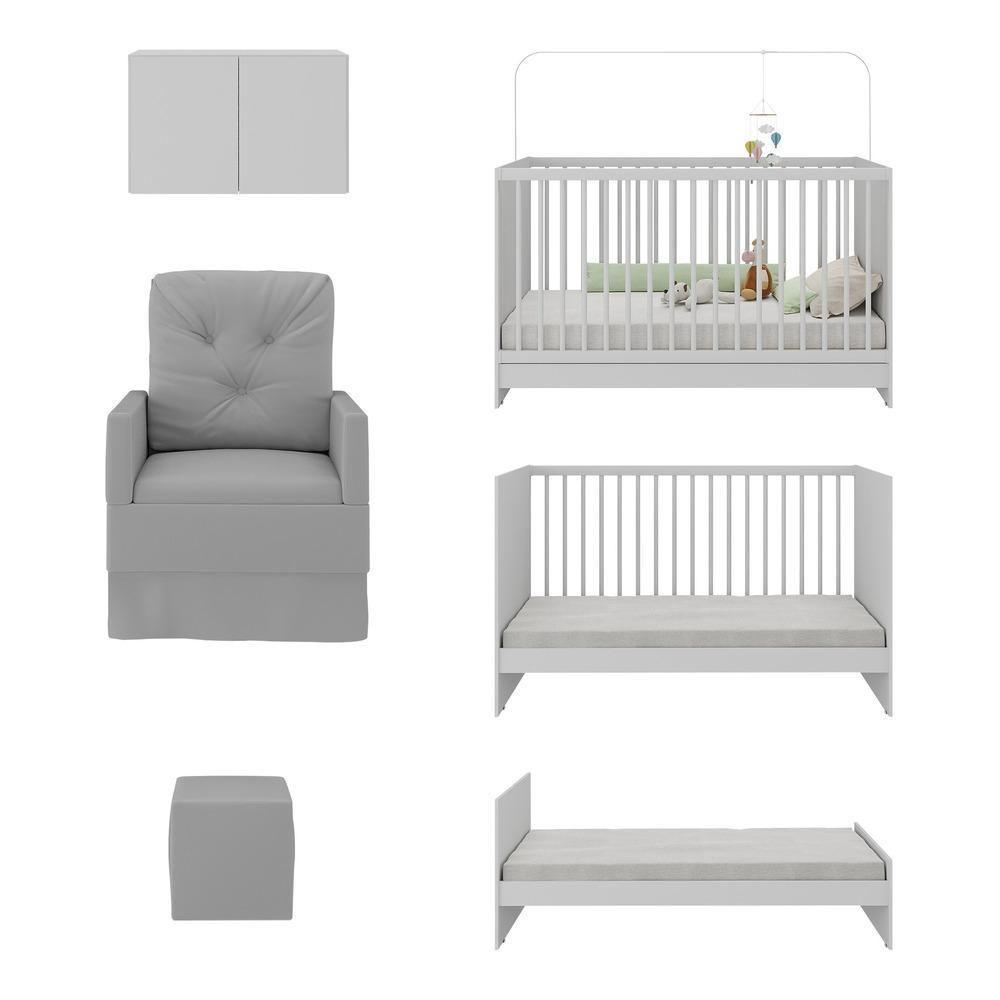 Berço 3 Em 1 Com Colchão Poltrona Puff e Armário Aéreo 2 Portas Mp4157 Branco-cinza - 4