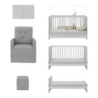 Berço 3 Em 1 Com Colchão Poltrona Puff e Armário Aéreo 2 Portas Mp4157 Branco-cinza