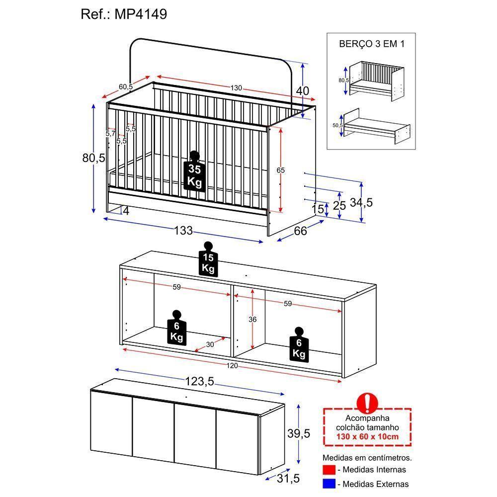 Berço 3 Em 1 Com Colchão e Armário Aéreo 4 Portas Mp4149 Branco - 3