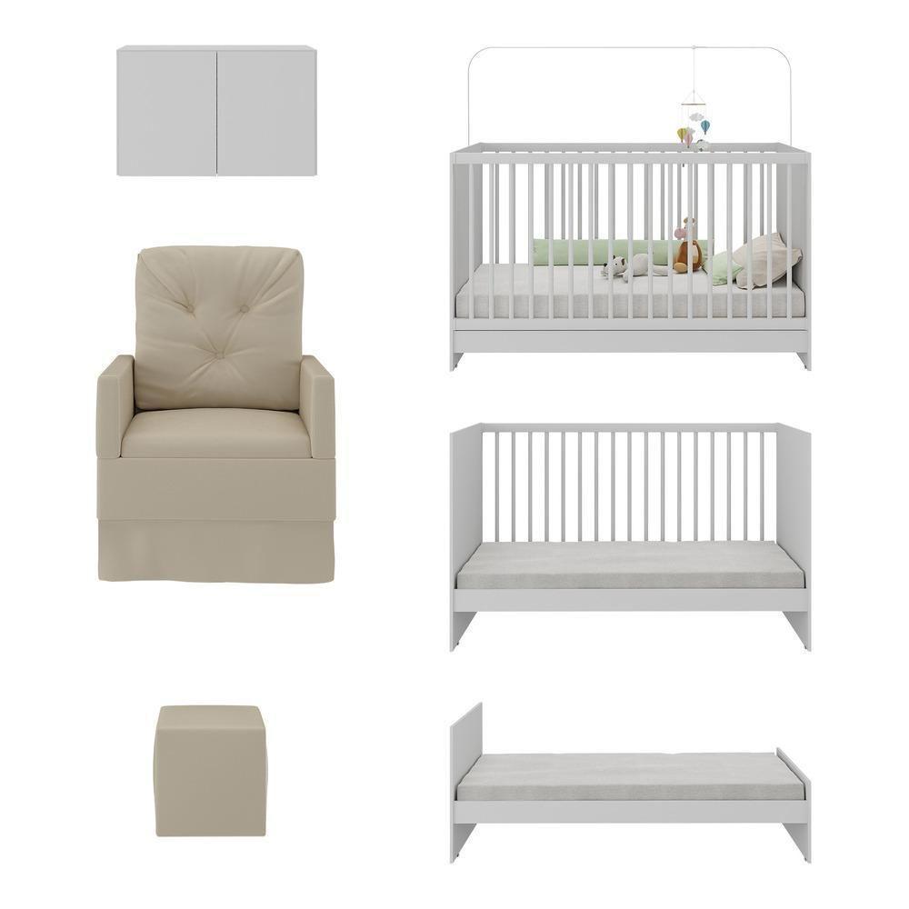 Berço 3 Em 1 Com Colchão Poltrona Puff e Armário Aéreo 2 Portas Mp4157 Branco-bege - 2