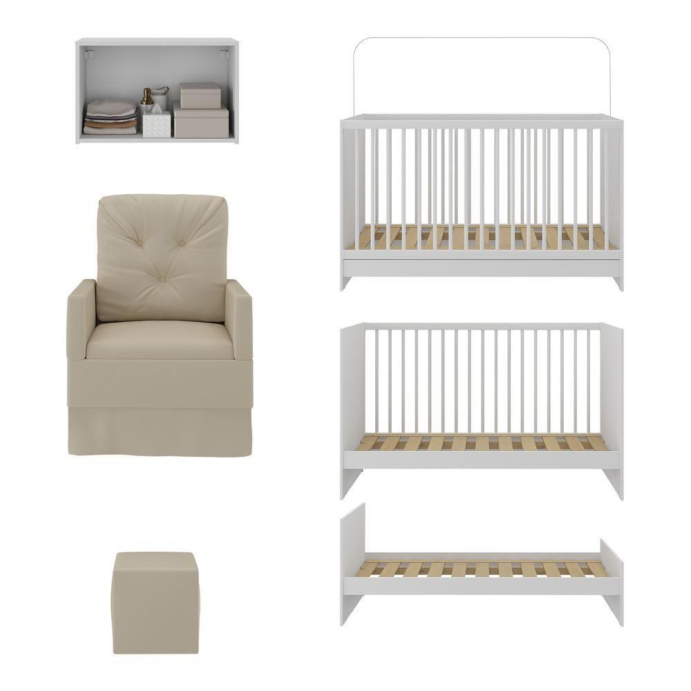 Berço 3 Em 1 Com Colchão Poltrona Puff e Armário Aéreo 2 Portas Mp4157 Branco-bege - 3