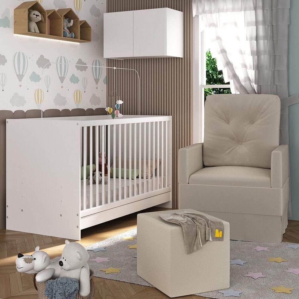 Berço 3 Em 1 Com Colchão Poltrona Puff e Armário Aéreo 2 Portas Mp4157 Branco-bege - 4