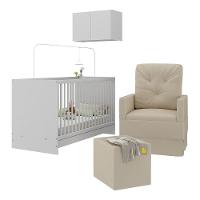Berço 3 Em 1 Com Colchão Poltrona Puff e Armário Aéreo 2 Portas Mp4157 Branco-bege - 1