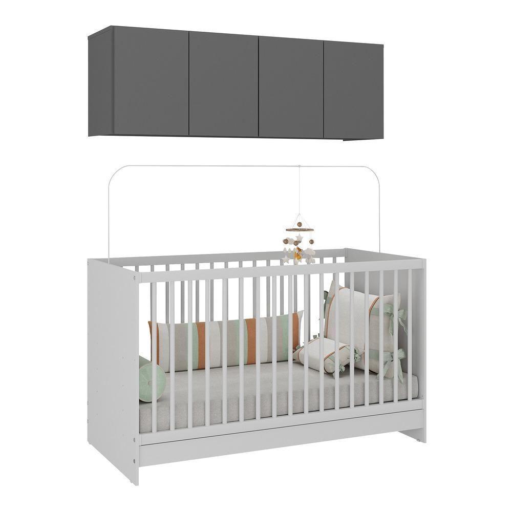 Berço 3 Em 1 Com Armário Aéreo 4 Portas Mp4140 Branco-grafite Branco-grafite - 1