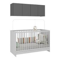 Berço 3 Em 1 Com Colchão e Armário Aéreo 4 Portas Mp4149 Branco-grafite Branco-grafite - 1