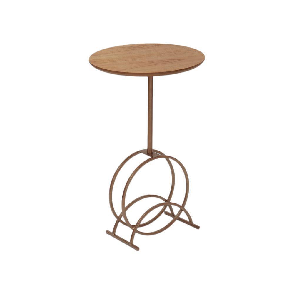 Mesa De Apoio Lunar Baixa Madeira Maciça Amêndoa Com Metal Cobre - 1