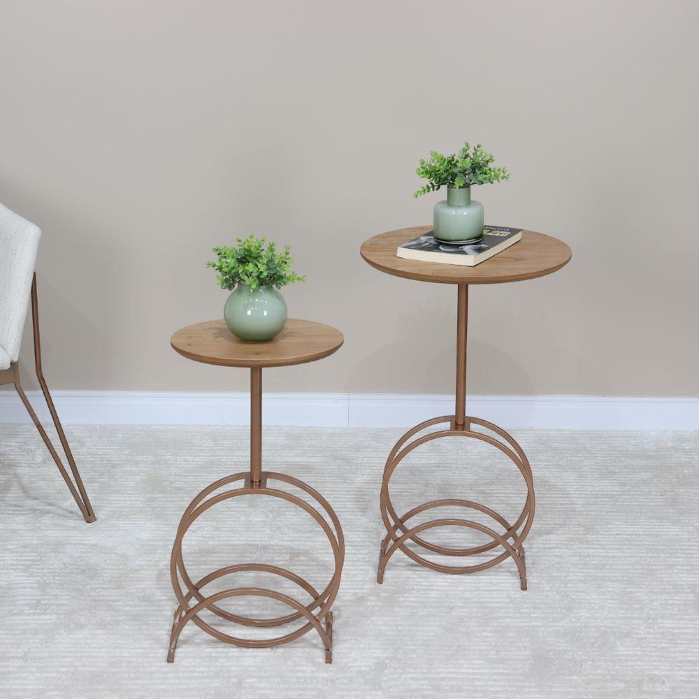 Mesa De Apoio Lunar Baixa Madeira Maciça Amêndoa Com Metal Cobre - 2