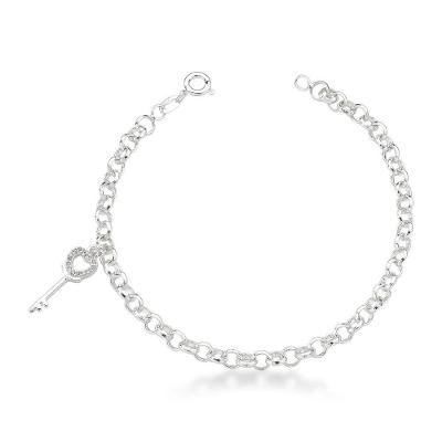 Pulseira Elo Portugues Com Chave Cravejada Com Zirconias Prata 925 - 18cm