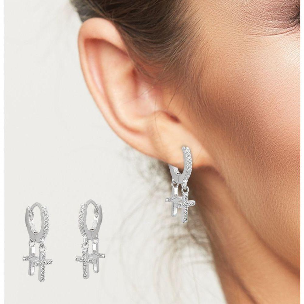 Brinco Argola Click Com Duas Cruzes Prata 925 - 12mm - 4