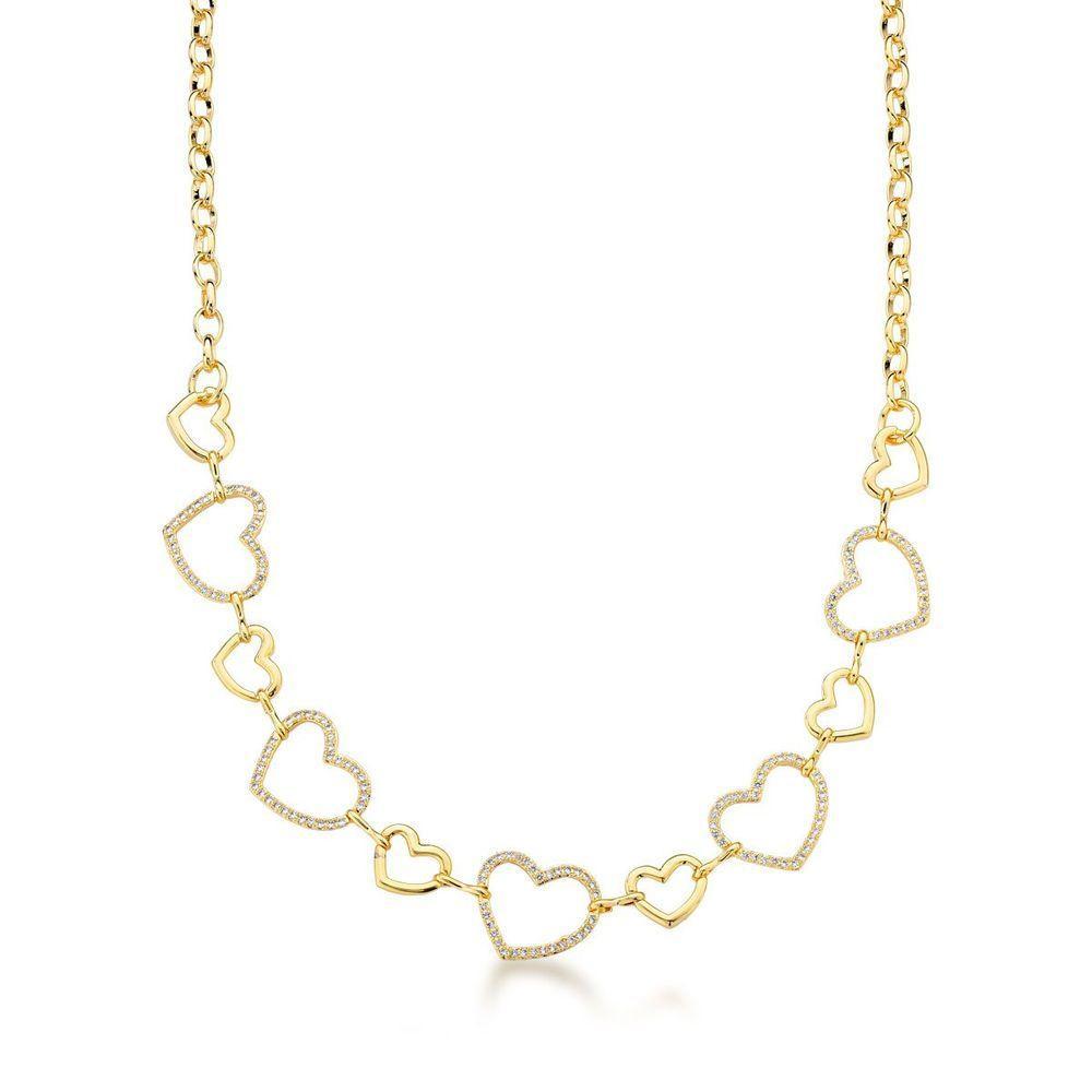 Colar Choker Com Corações Lisos E Cravejados Banhado A Ouro 18k - 45cm - 1