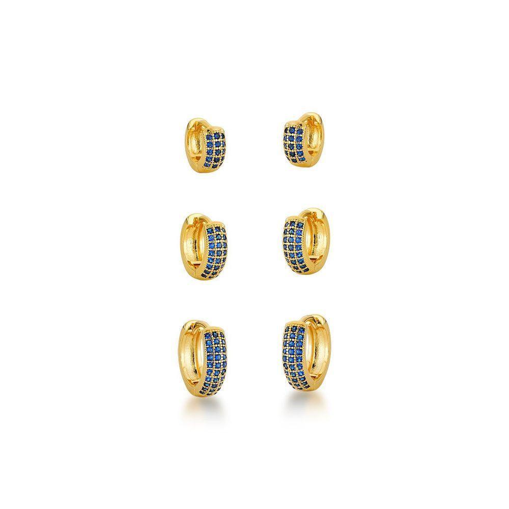 Kit Brincos Argolas Cravejadas Com Zirconias Banhadas A Ouro 18k - Azul - 1