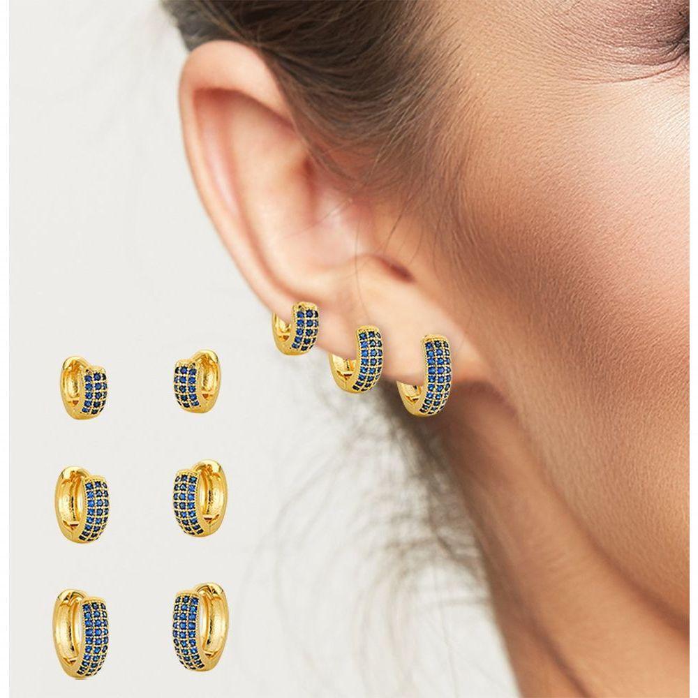 Kit Brincos Argolas Cravejadas Com Zirconias Banhadas A Ouro 18k - Azul - 3