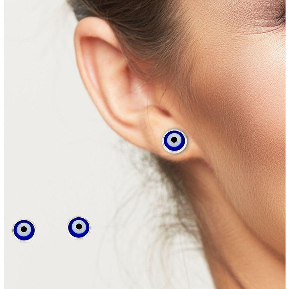 Brinco Olho Grego Sintético Azul Escuro Prata 925 - 8mm - 2