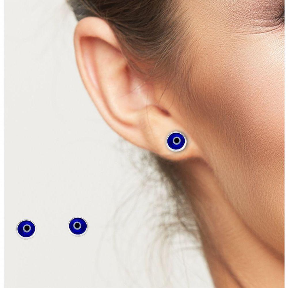 Brinco Olho Grego Sintético Azul Escuro Prata 925 - 6mm - 2