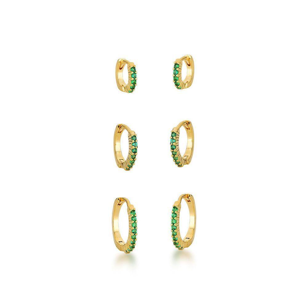 Kit Brincos Argola Com Uma Fileira Zirconias Verdes Banhado A Ouro 18k - 1