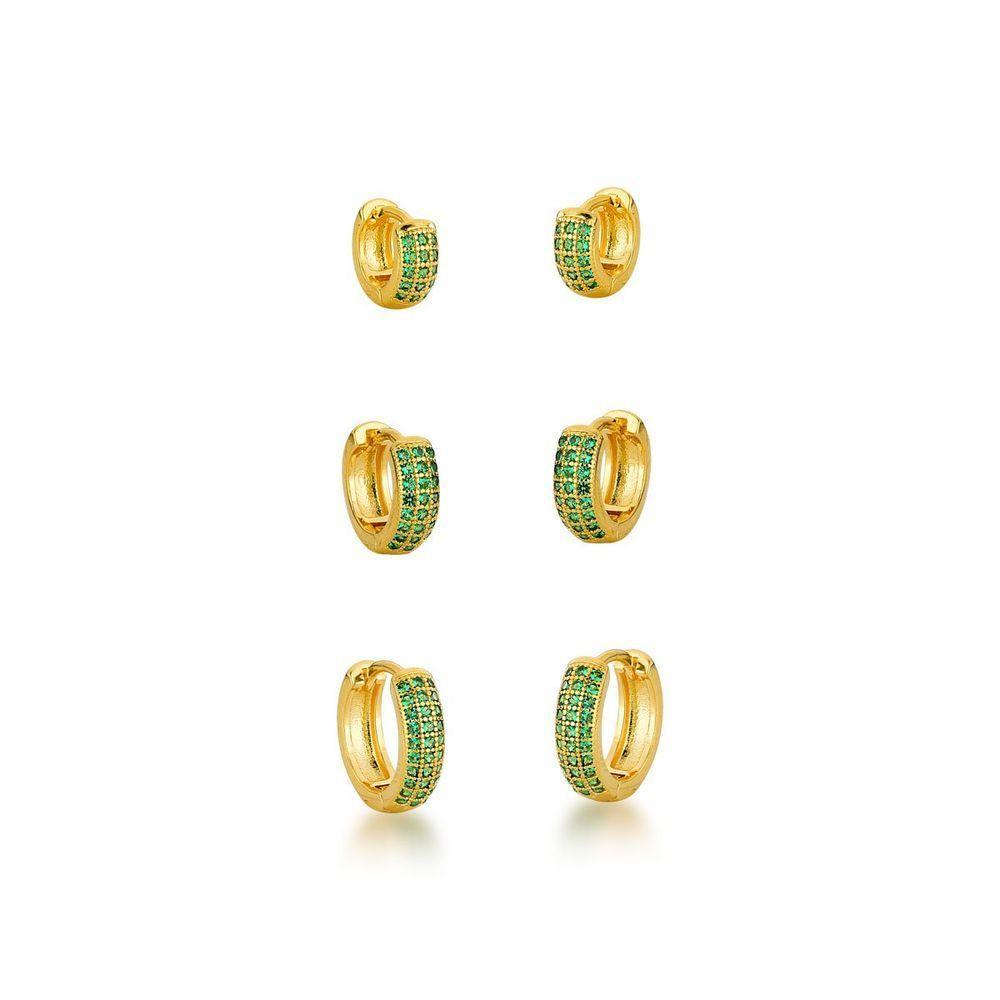 Kit Brincos Argolas Cravejadas Com Zirconias Banhadas A Ouro 18k - Verde - 1