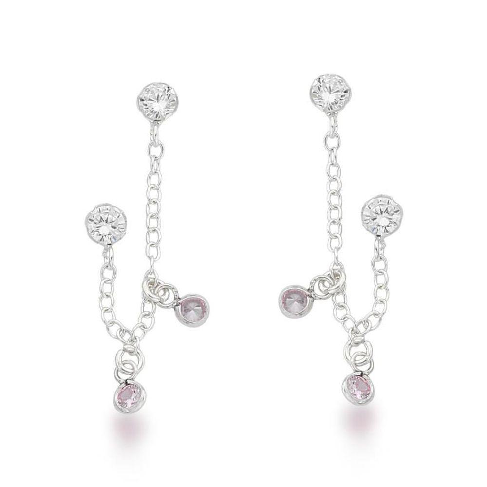 Brinco Duplo Com Duas Zirconias Rosa Prata 925 - 1