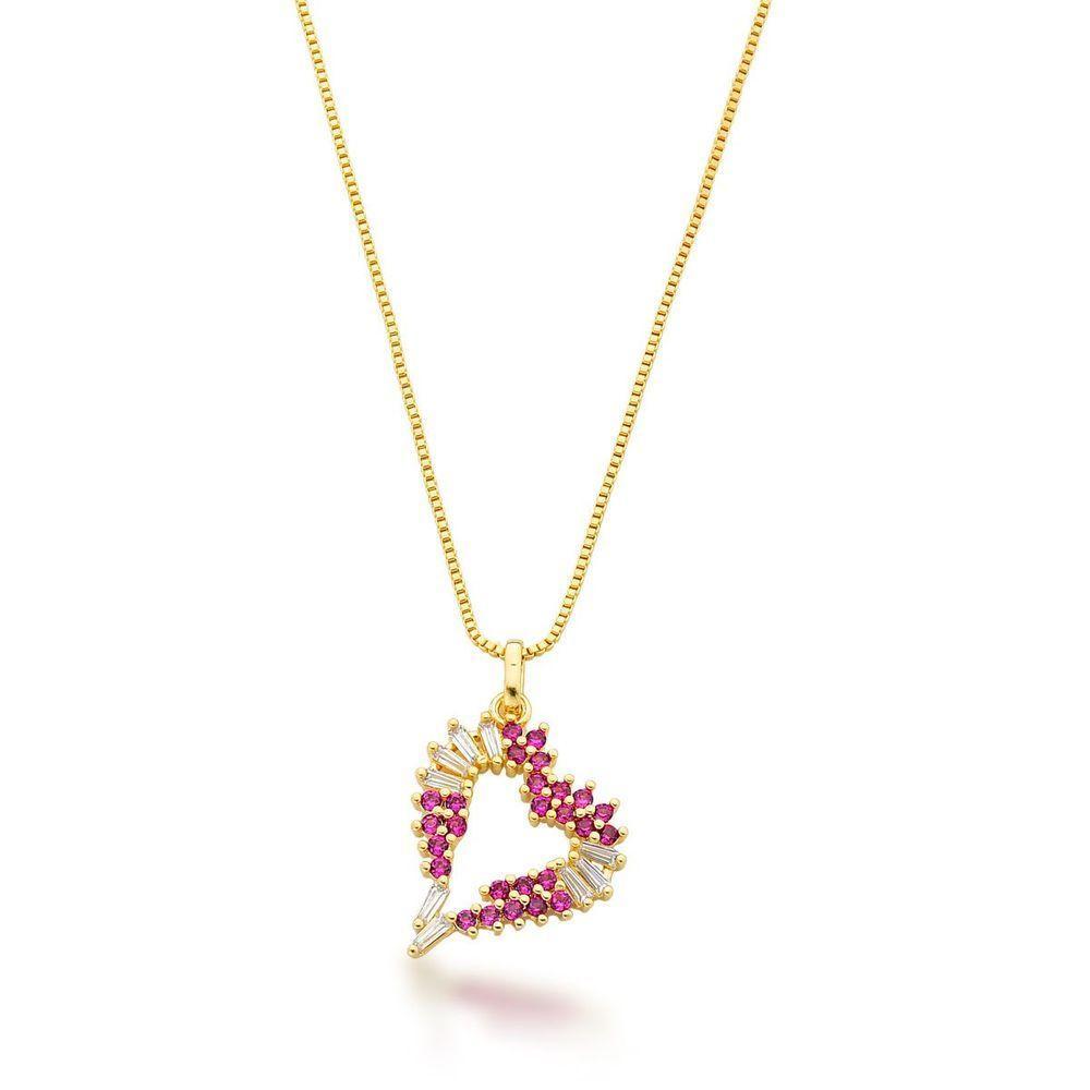 Colar Coração Com Zirconias Vermelhas E Cristais Banhadas A Ouro 18k - 45cm - 1