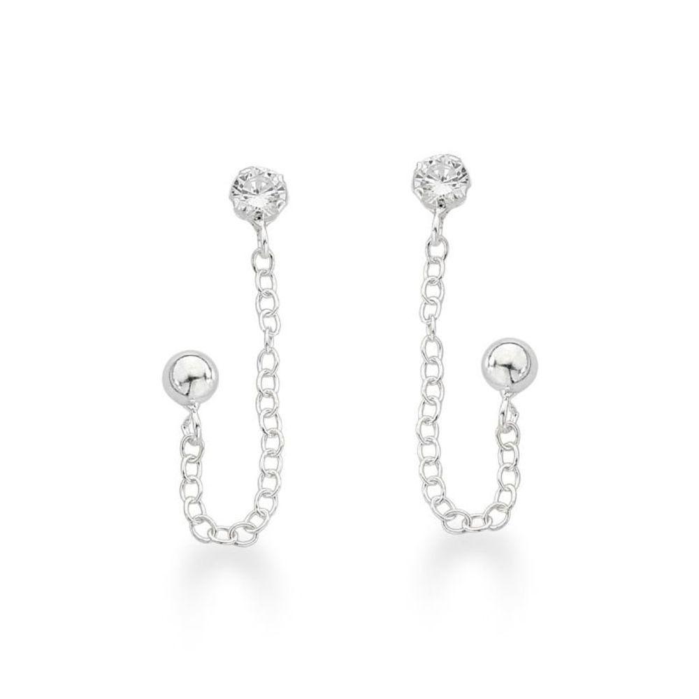 Brinco Duplo Com Corrente Ponto De Luz E Bolinha Prata 925 - 1