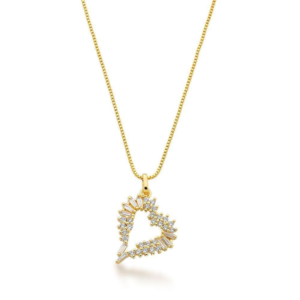 Colar Coração Cravejado Zirconias Cristais Banhado Ouro 18k - 45cm - 1