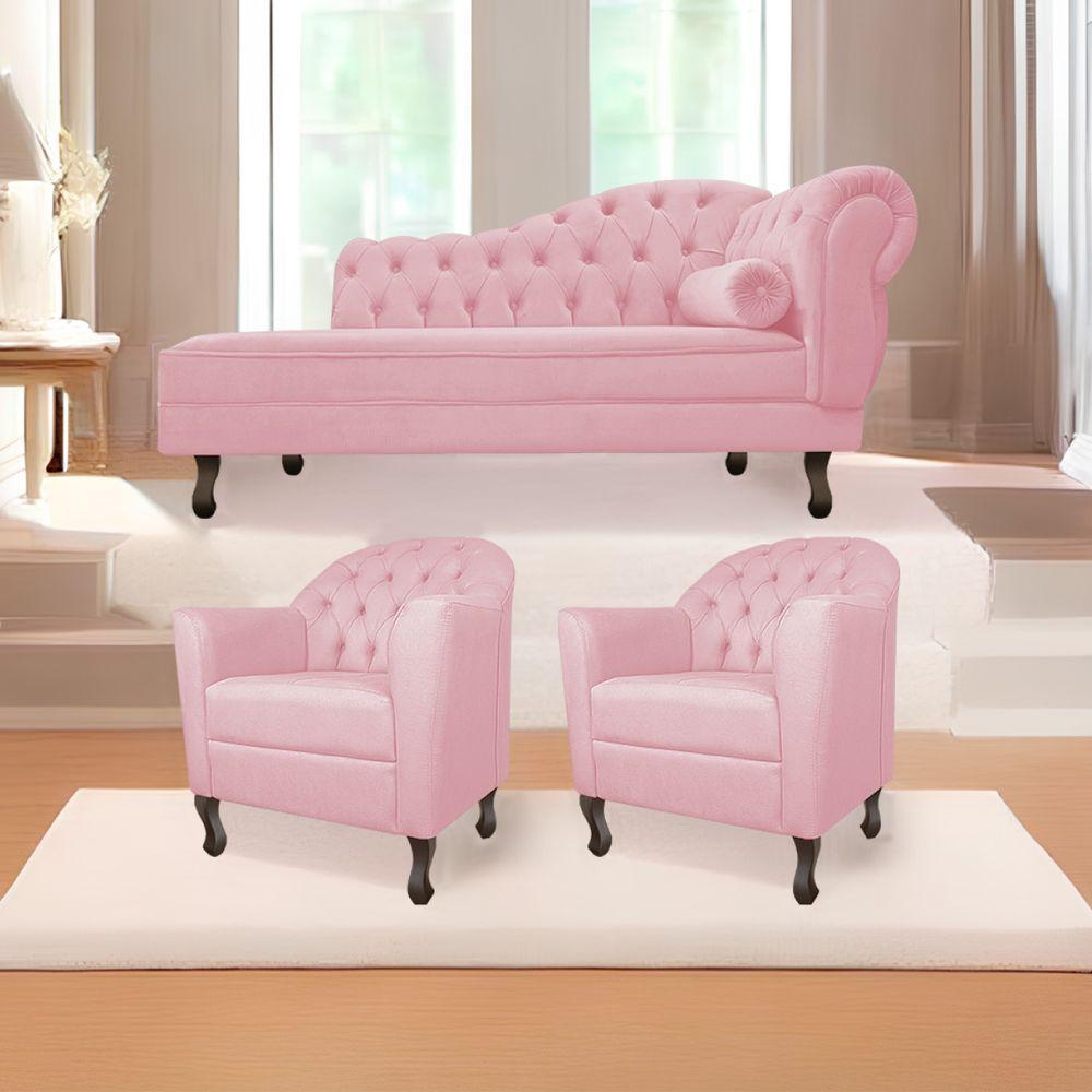 Kit Diva Recamier Diana 185cm Lado Esquerdo E 02 Poltronas Julia Suede Rosa Bebê - 1