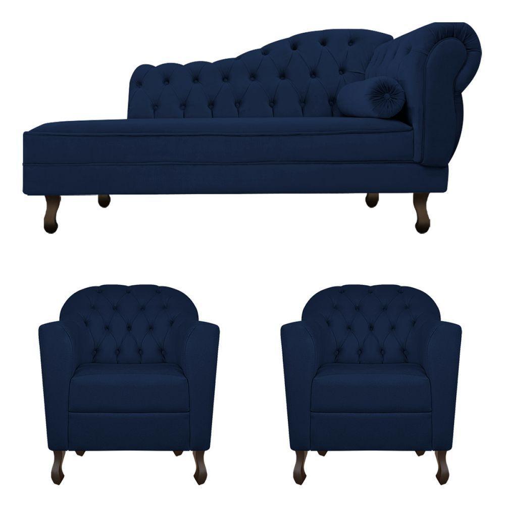 Kit Diva Recamier Diana 185cm Lado Esquerdo E 02 Poltronas Julia Suede Azul Marinho - 5