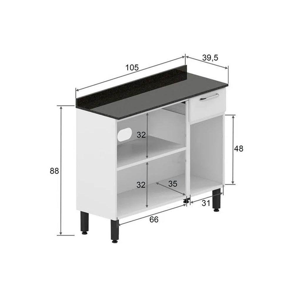 Balcão de Cozinha Modulado  Dona Maria 6173 3 Portas e 1 Gaveta c/ Tampo e Pés Branco/Preto - Bertolini - 4