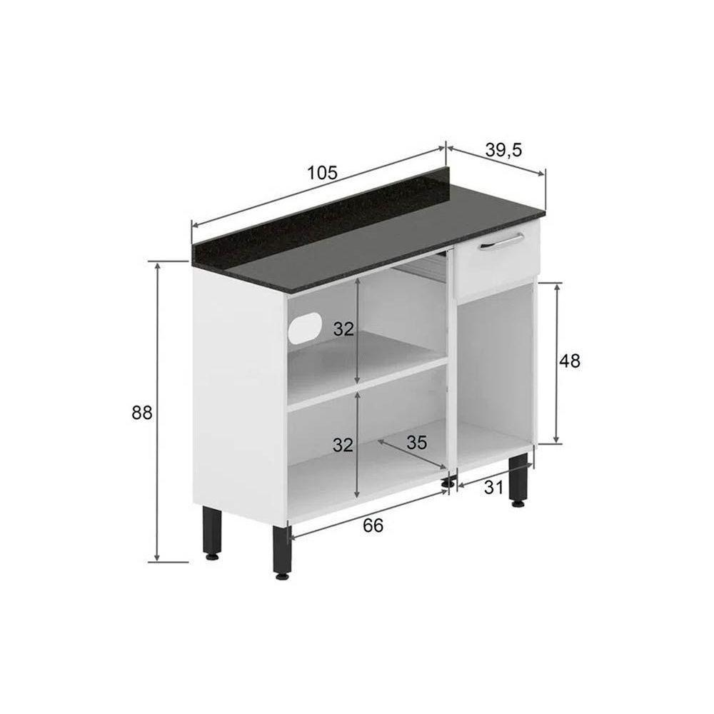 Gabinete de Cozinha Modulado Balcão Dona Maria 6173 3 Portas 1 Gaveta c/ Tampo e Pés Branco/Preto - Bertolini - 4