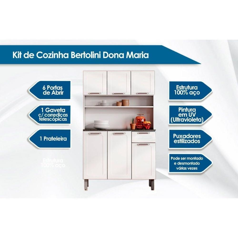 Kit de Cozinha Compacta Dona Maria c/ 6 Portas e 1 Gaveta 105cm Branco/Preto - Bertolini - 2